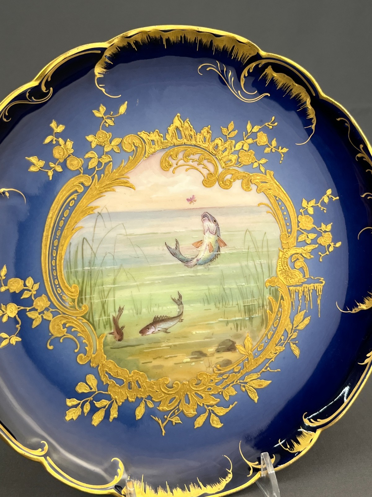 5 Haviland & Co. Hand-Painted 8 ½” Bleu de Four Gilt Fish Plates c. 1876-1899