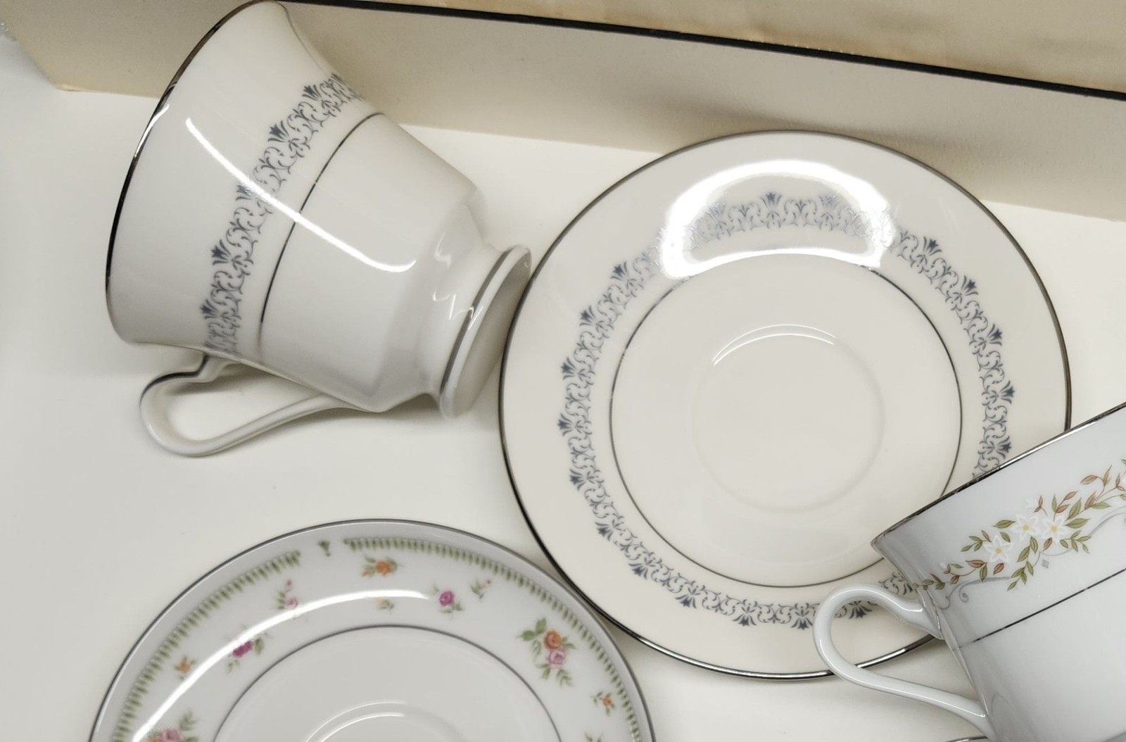 Mismatched China Tea Cups & Saucers Soft Floral Designs 4 Sets