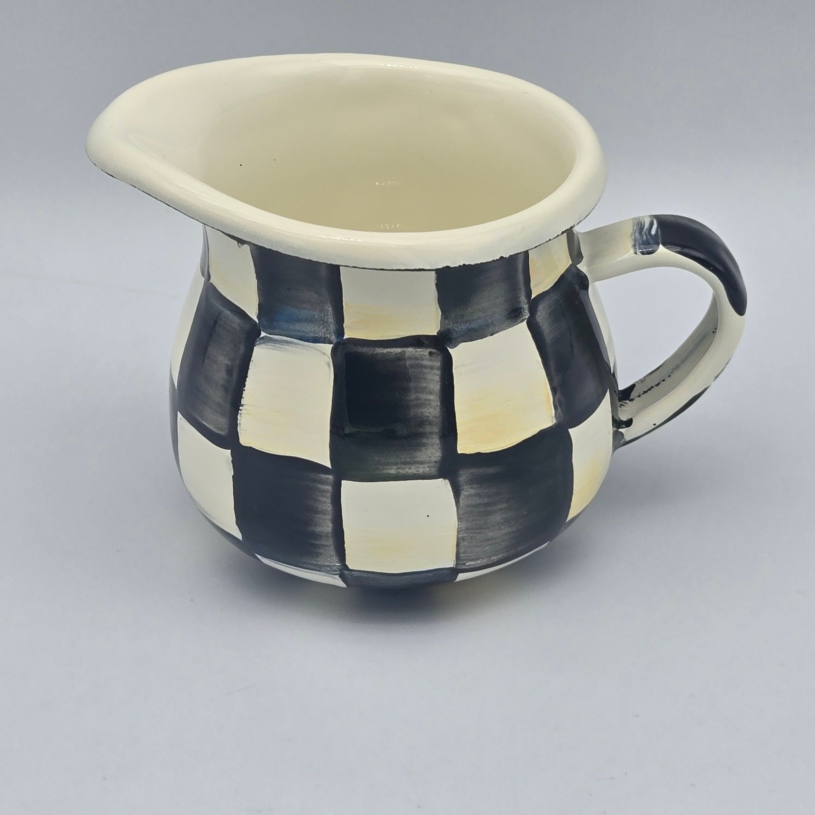 MacKenzie-Childs Courtly Check Enamel Creamer Pitcher Black and White Classic 3″