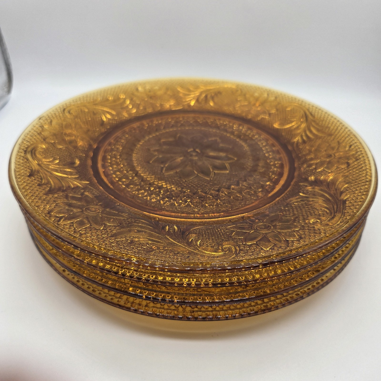 Set of 4 Vintage Tiara Amber Indiana Glass Sandwich Salad Plates