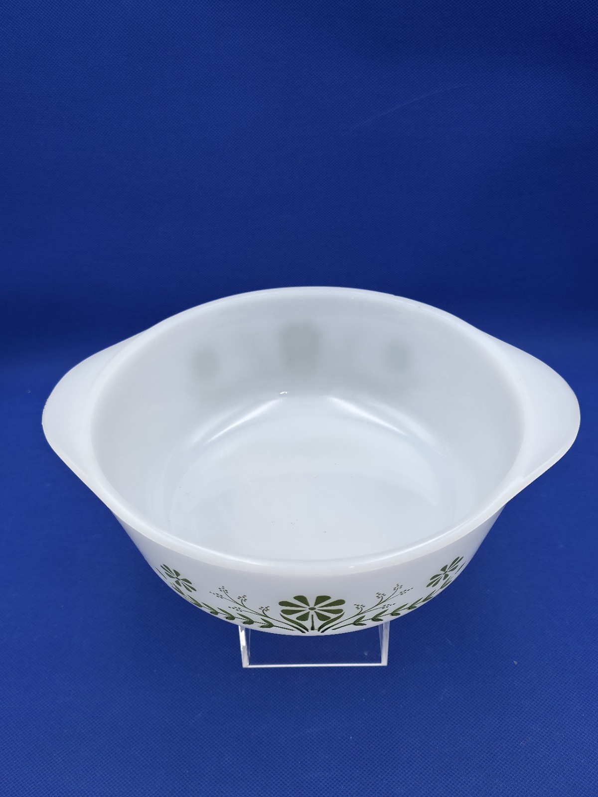 Glasbake Vintage MCM Milk Glass Oven Safe Casserole Dish Green Crazy Daisy