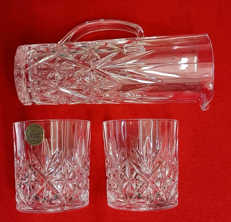 Cristal d’Arques 24% Lead Crystal Pitcher & 2 Matched Glasses 3 Piece Set France