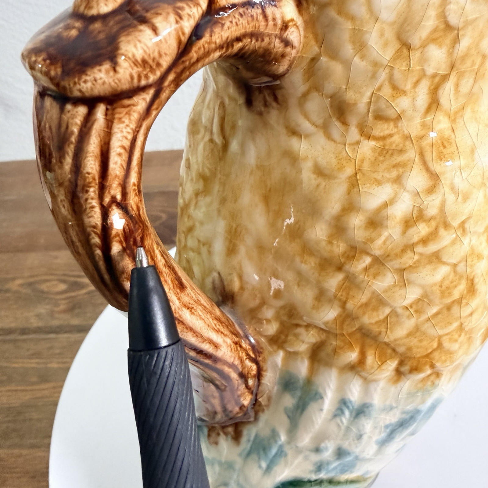 FFAS French Owl Pitcher Orange Eyes Vintage Majolica MCM Barbotine Vintage OOAK