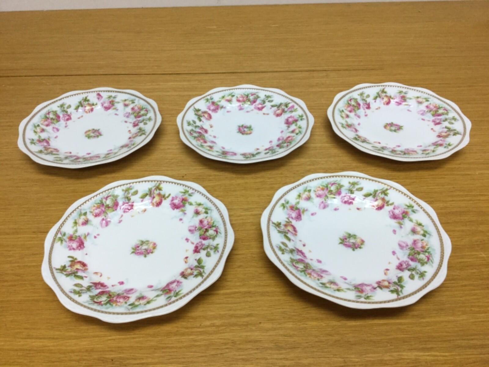 5 Atq. SILESIA Porcelain Roses 6 1/4” Scalloped Bread Plates w/Gold Beaded Trim