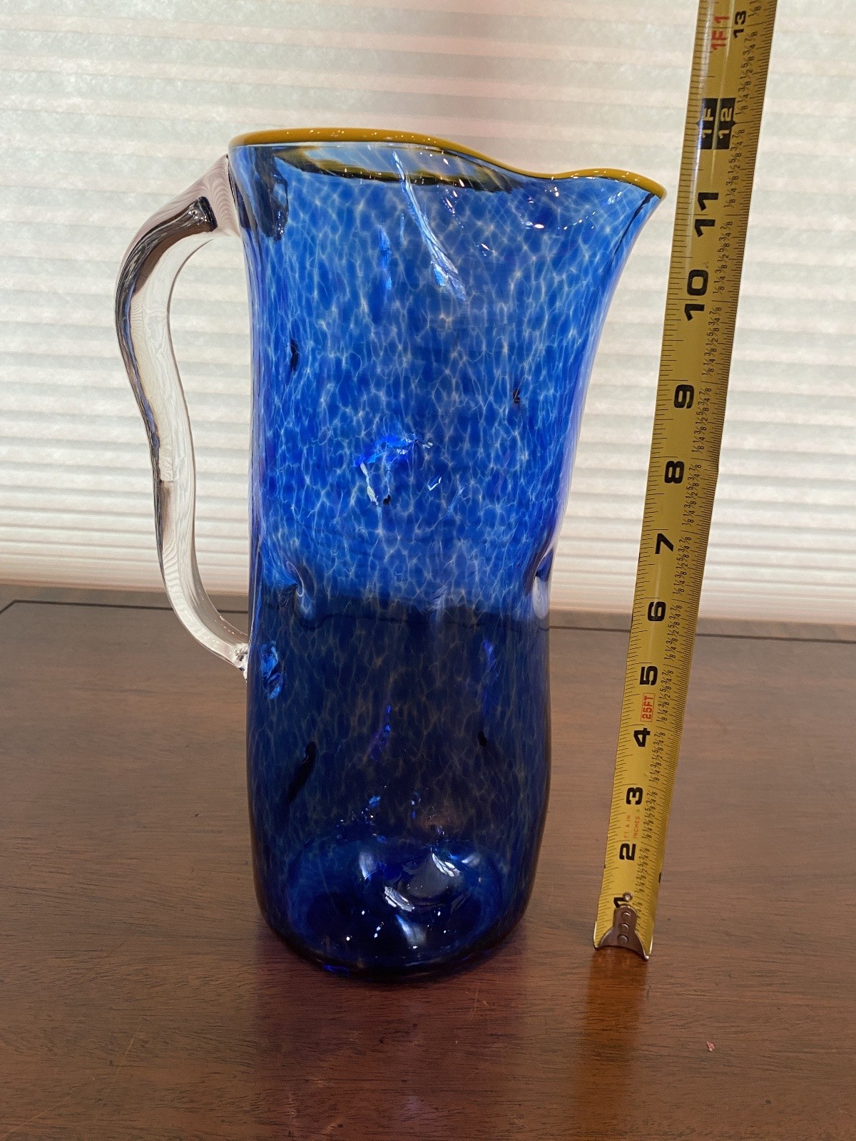 GEORGEOUS LARGE 2019 Cobalt Blue & Yellow Art Glass Pitcher 11.5″H Signed