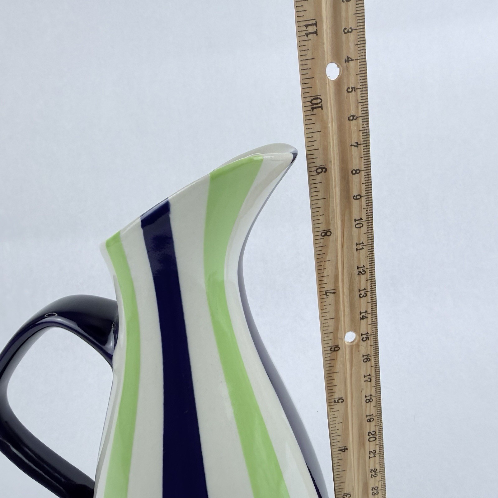 Vintage Jonathan Adler Ceramic Pitcher Pot Porter Green Blue White Stripes 9.5”