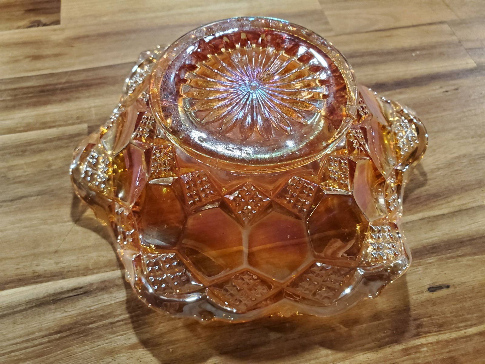2 Imperial Marigold Carnival Glass Bowl Dish Frilled Edge Diamond Hexagon Shapes
