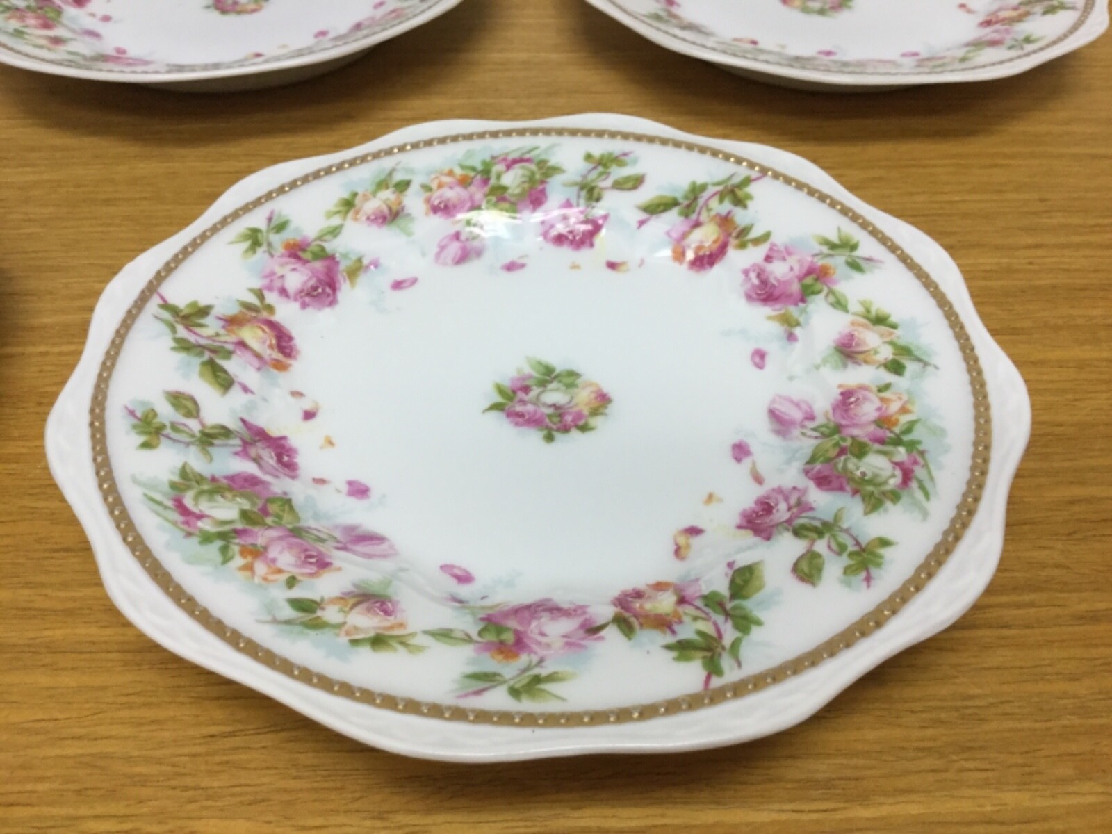 5 Atq. SILESIA Porcelain Roses 6 1/4” Scalloped Bread Plates w/Gold Beaded Trim