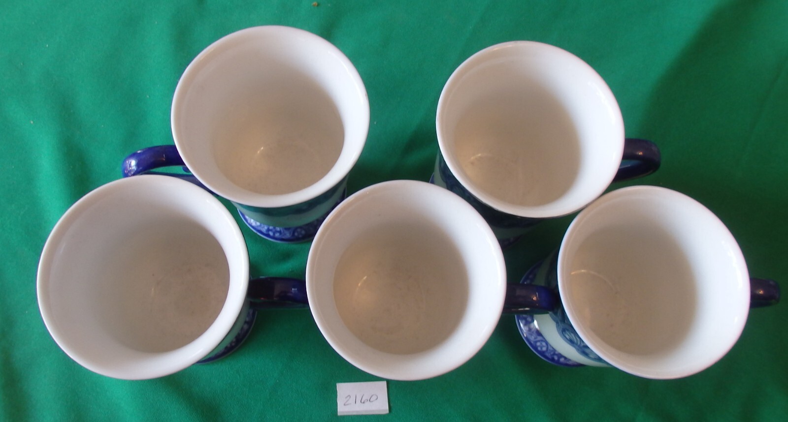 Bombay Co Cobalt Blue White Arabasque Tile Platinum Trim Coffee Tea Mug Set of 5