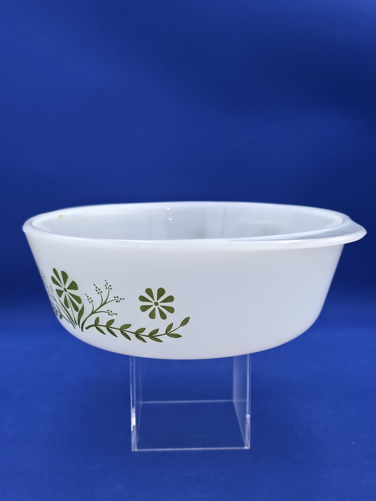 Glasbake Vintage MCM Milk Glass Oven Safe Casserole Dish Green Crazy Daisy