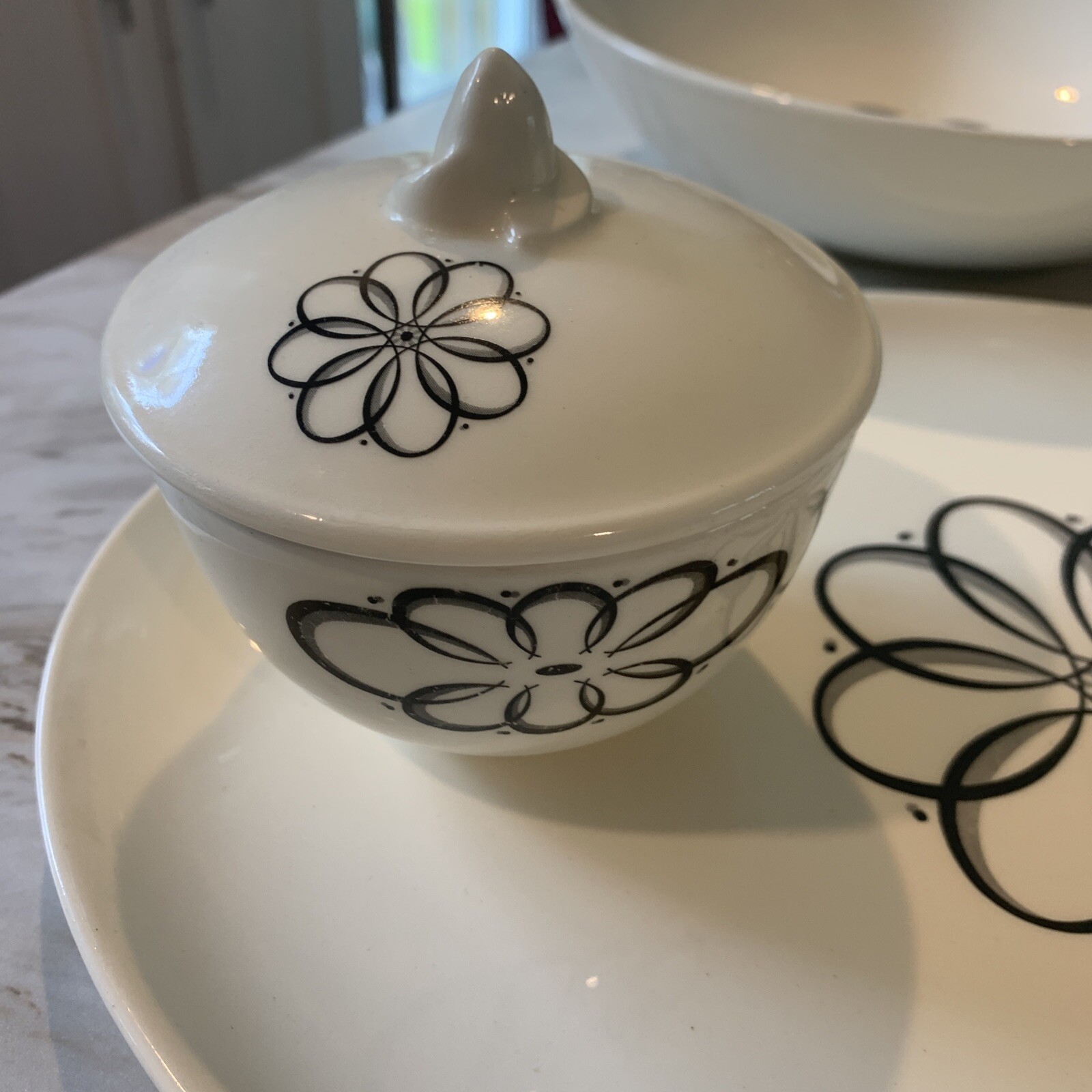 Taylor Smith Taylor Spencerian Scroll Platter Veg. And Berry Bowls Sugar Bowl