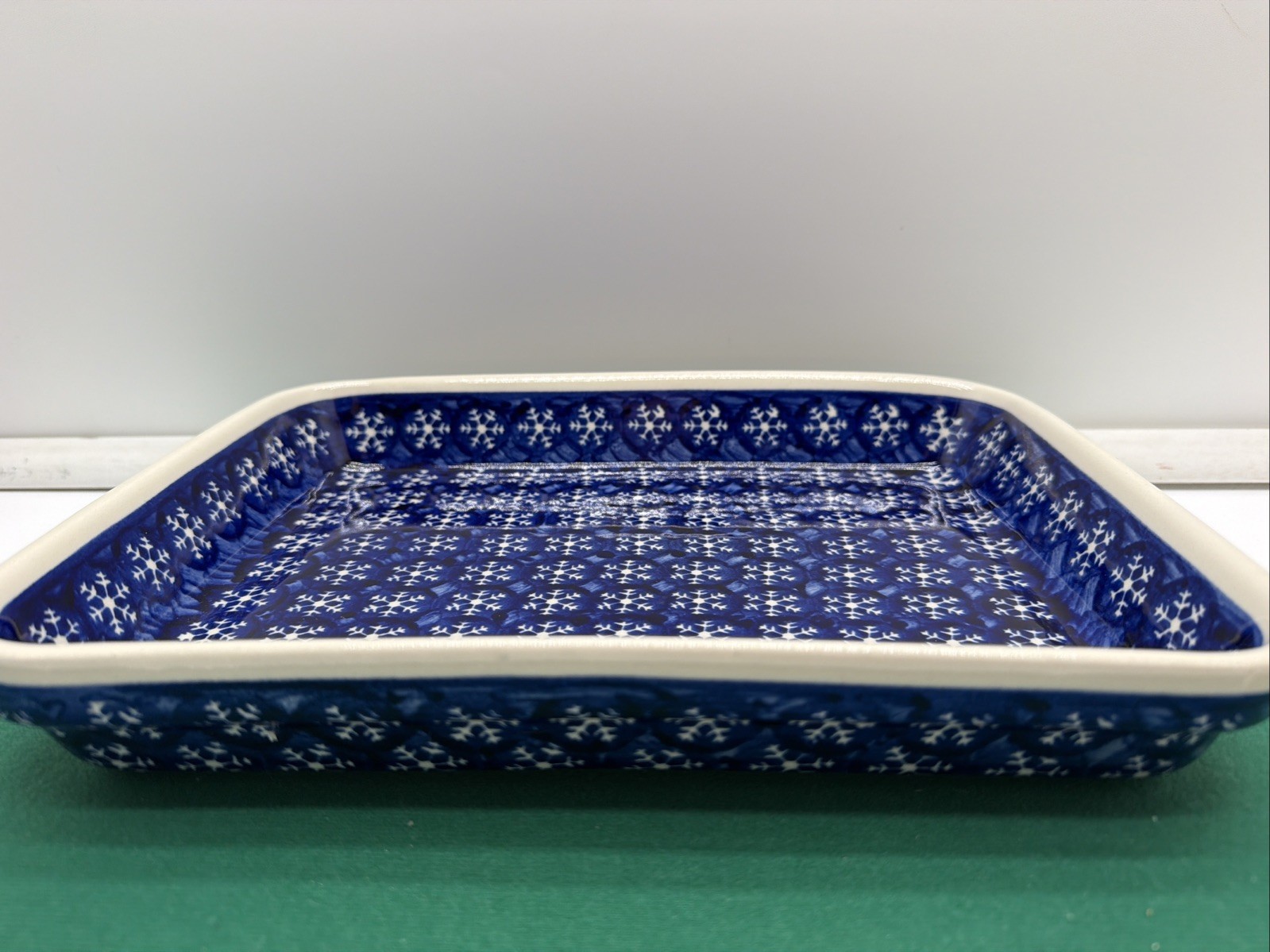 Vintage Polish Pottery Boleslawiec Blue Snowflake Rectangular Stoneware Dish