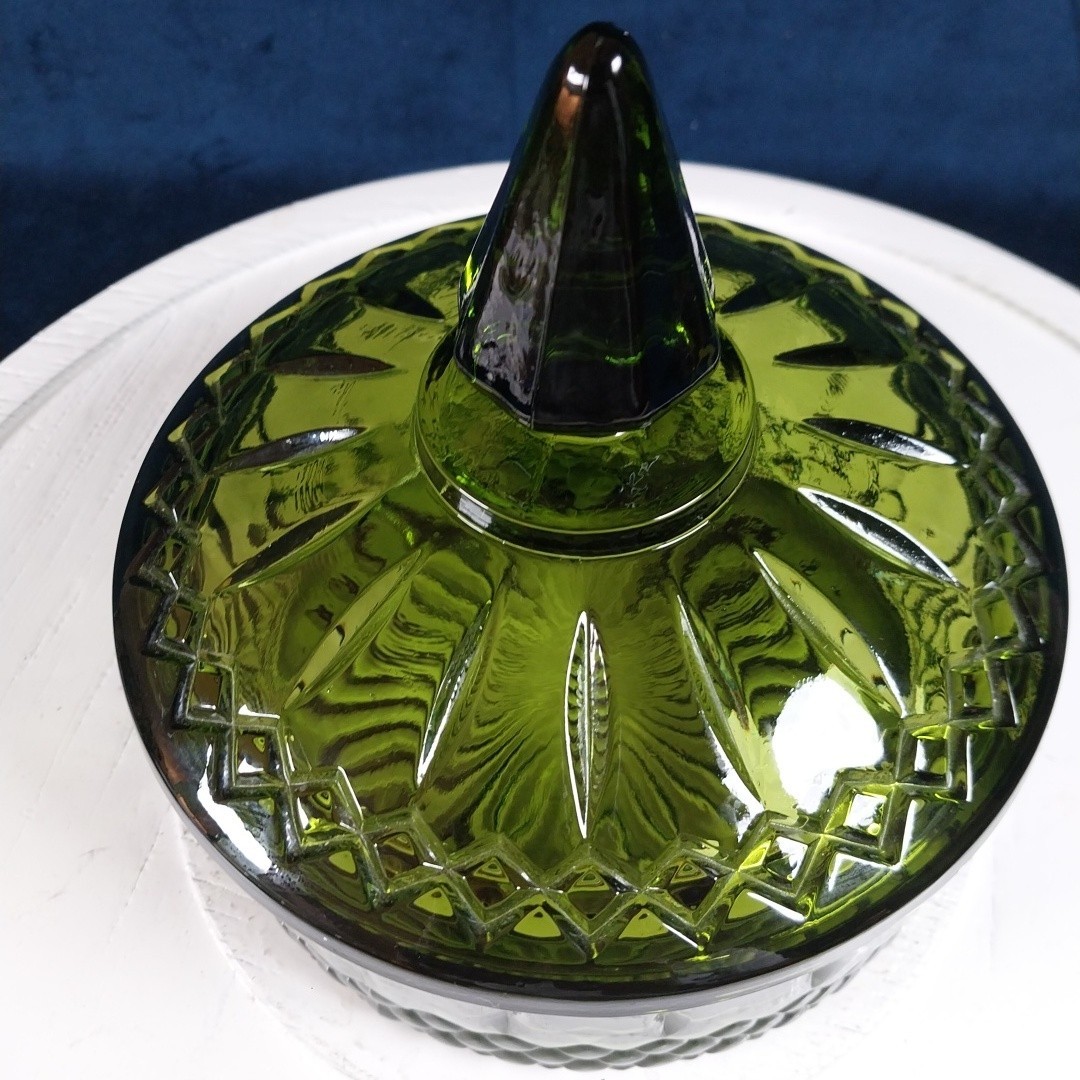 Vintage Indiana Glass Princess Pattern Dark Green Lidded Candy Dish