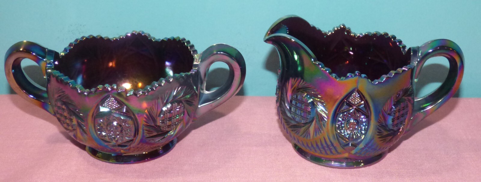 L.E. Smith Amethyst Carnival Glass Creamer and Sugar Bowl Set – Sunburst Pattern