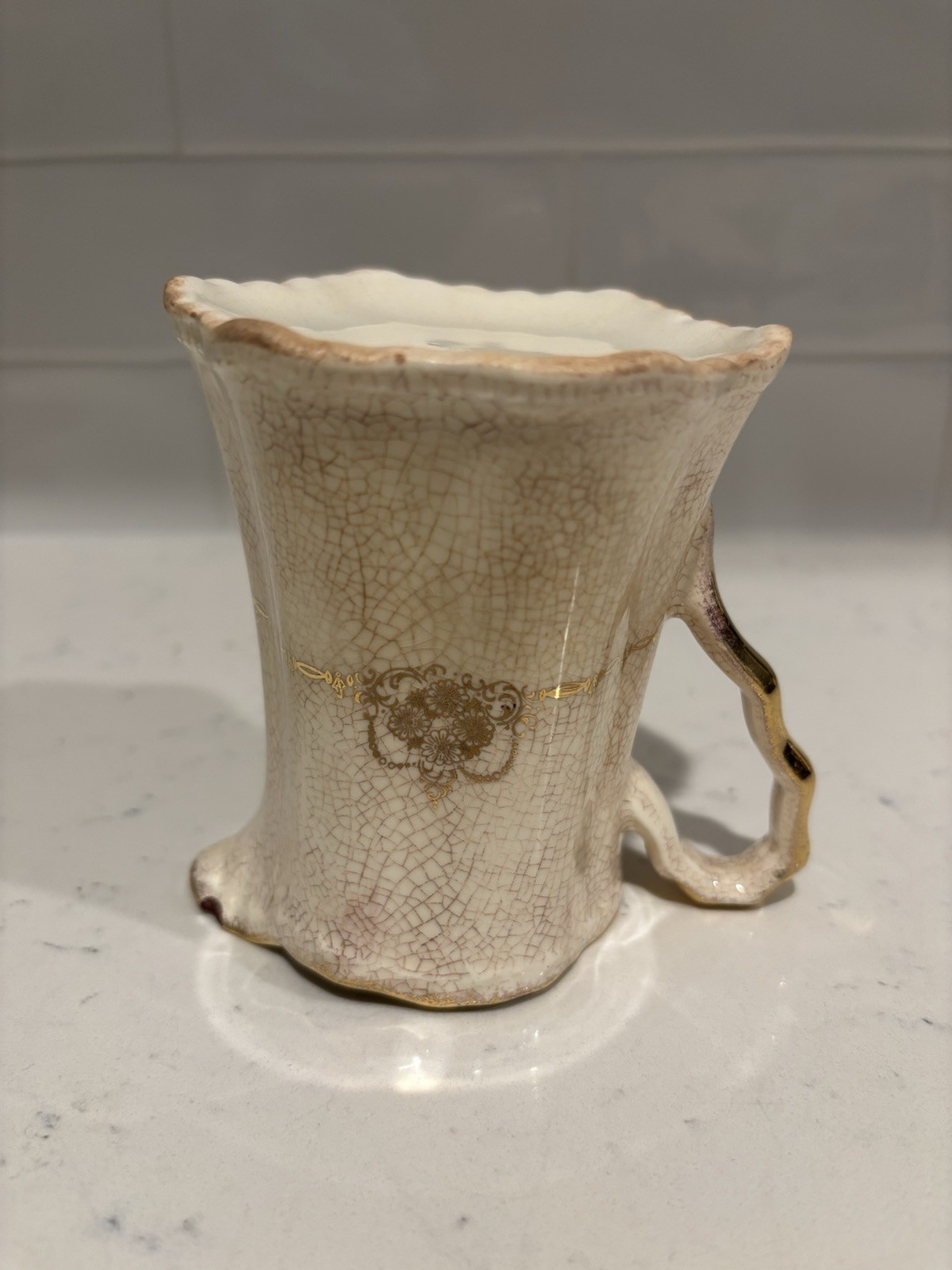 Antique White Ironstone Style Creamer Pitcher Stained Crazed Gold Transferware