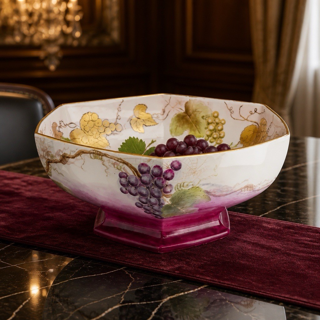 Tressemanes & Vogt Limoges 14.5” Hand-Painted Grapevine Hexagonal Console Bowl