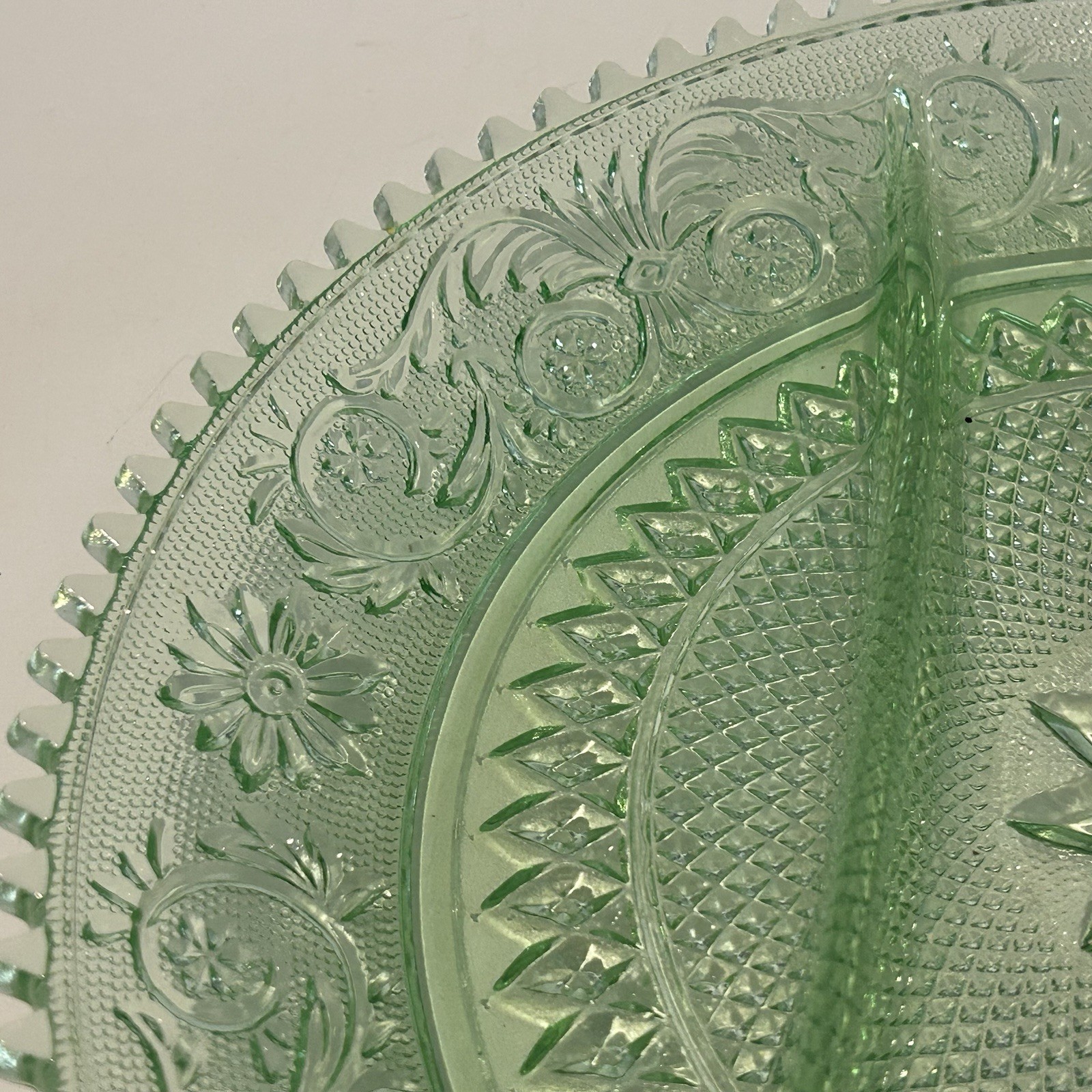 Green Indiana Glass Tiara Divided Relish Serving Plate Platter 12″ Saw Tooth Vtg