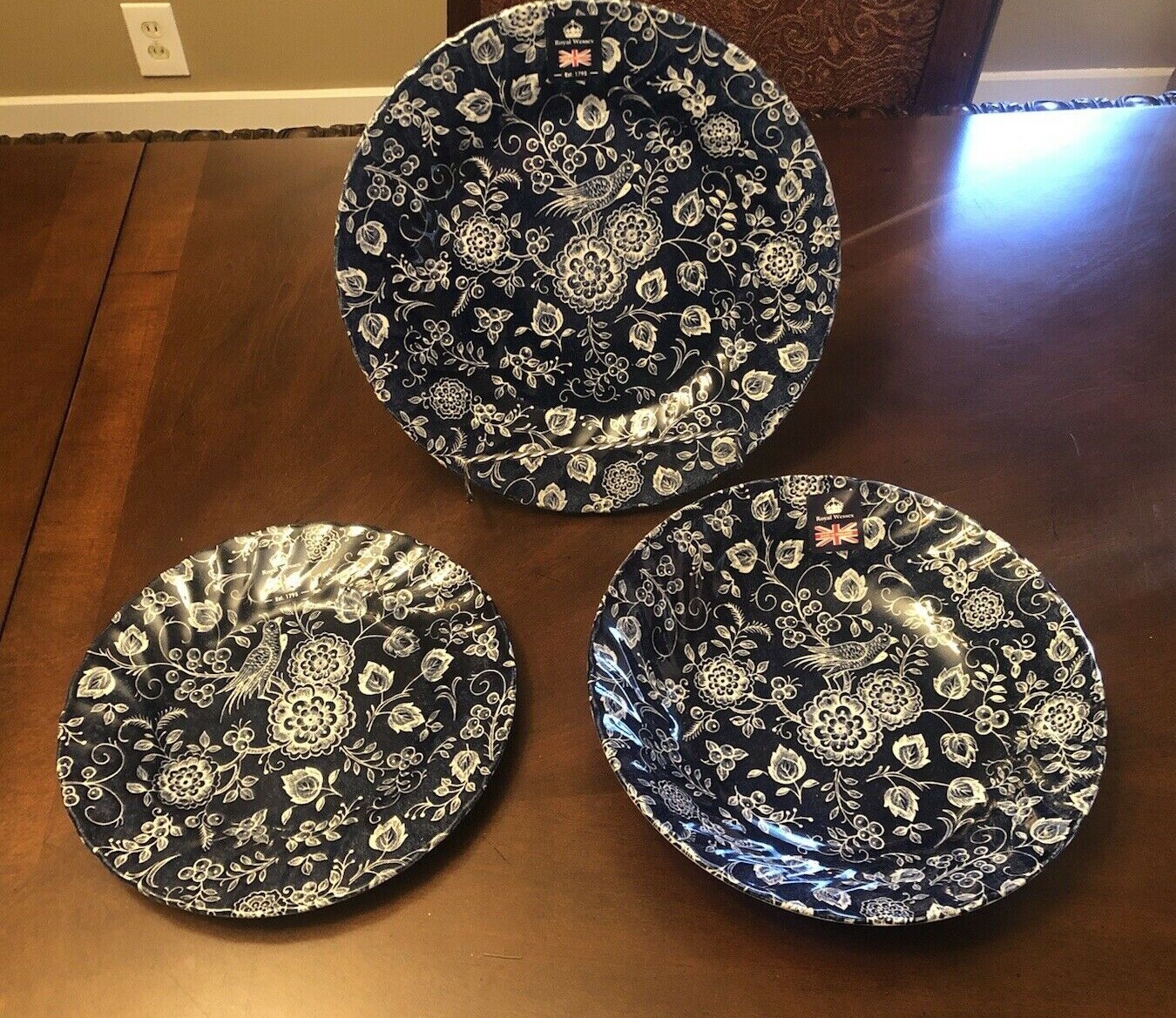 NEW Royal Wessex NANKIN BLUE Bird Floral Dinner Salad Plate Pasta Bowl 3 Pc SET