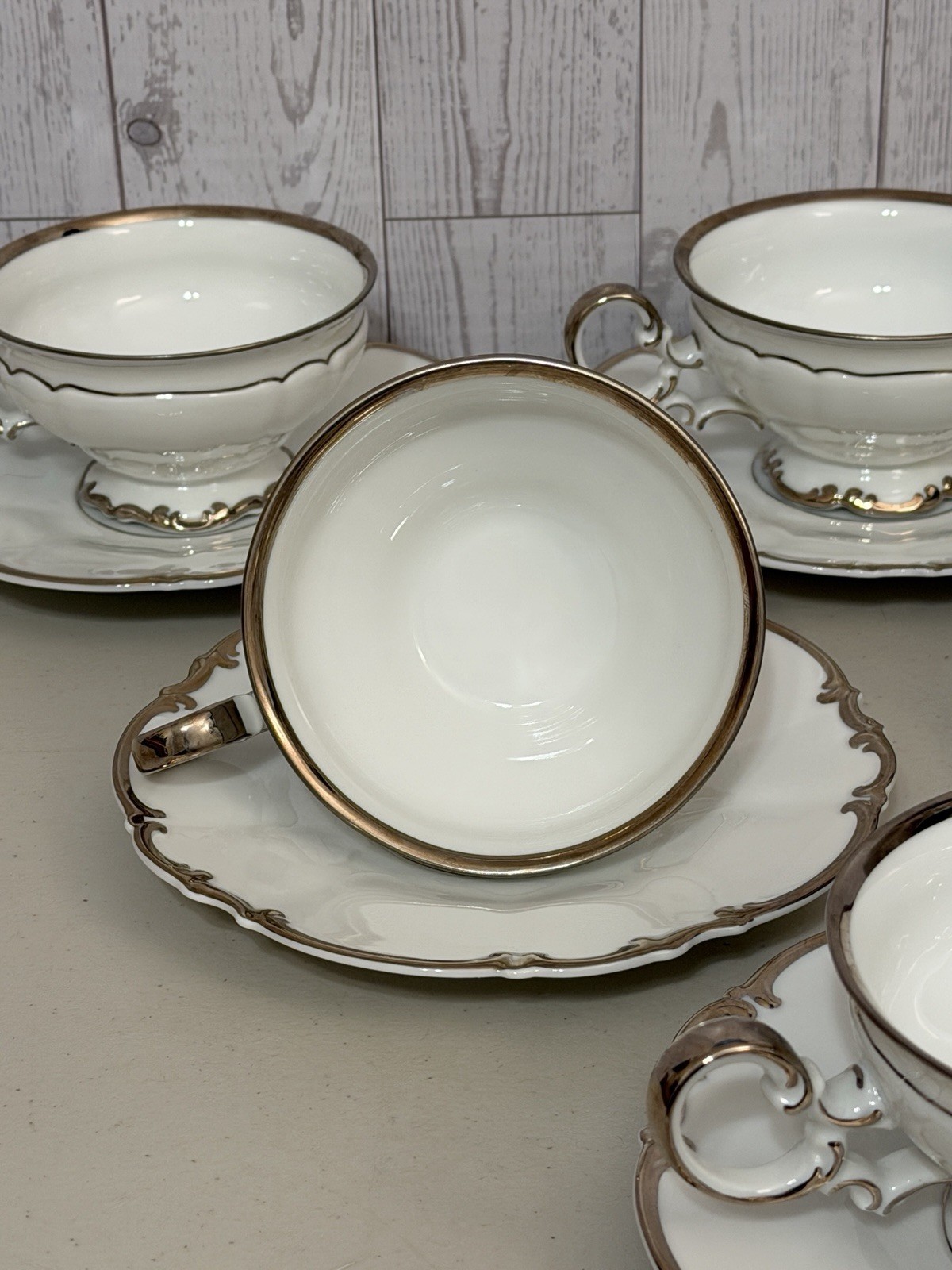 VINTAGE SET OF 6 HUTSCHENREUTHER REVERE SYLVIA CUPS & SAUCERS SILVER PLATINUM