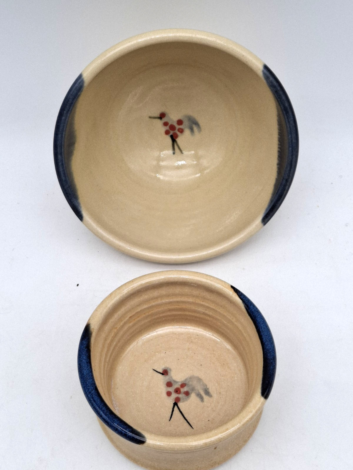 2 Mucros Bird Pottery Bowls Hand Thrown Ireland Spotted Tan Grey Blue Drip 4 5.5