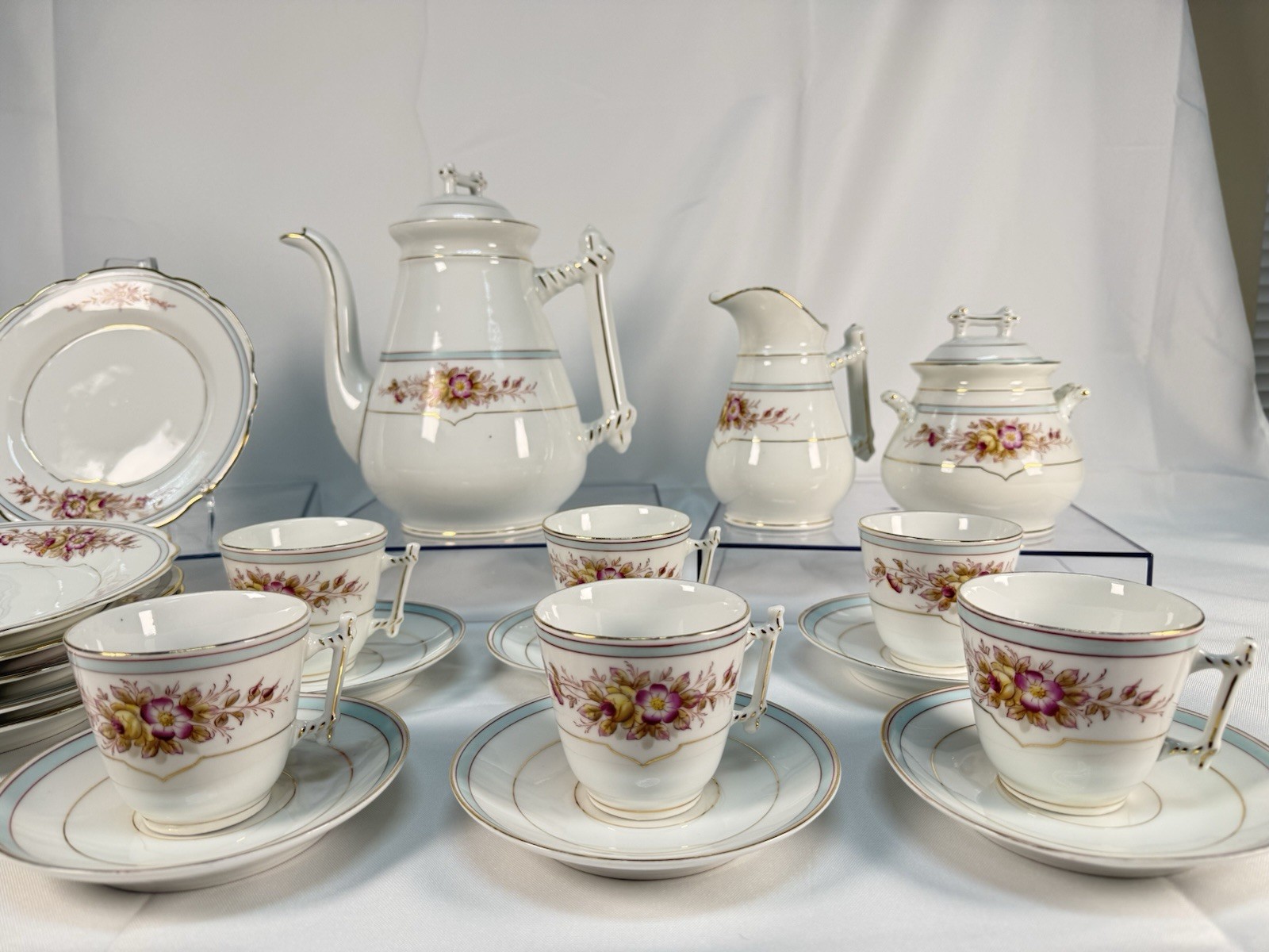 Antique KPM Waldenburg German Porcelain Coffee Tea Set 25pc Branch Handle Rose
