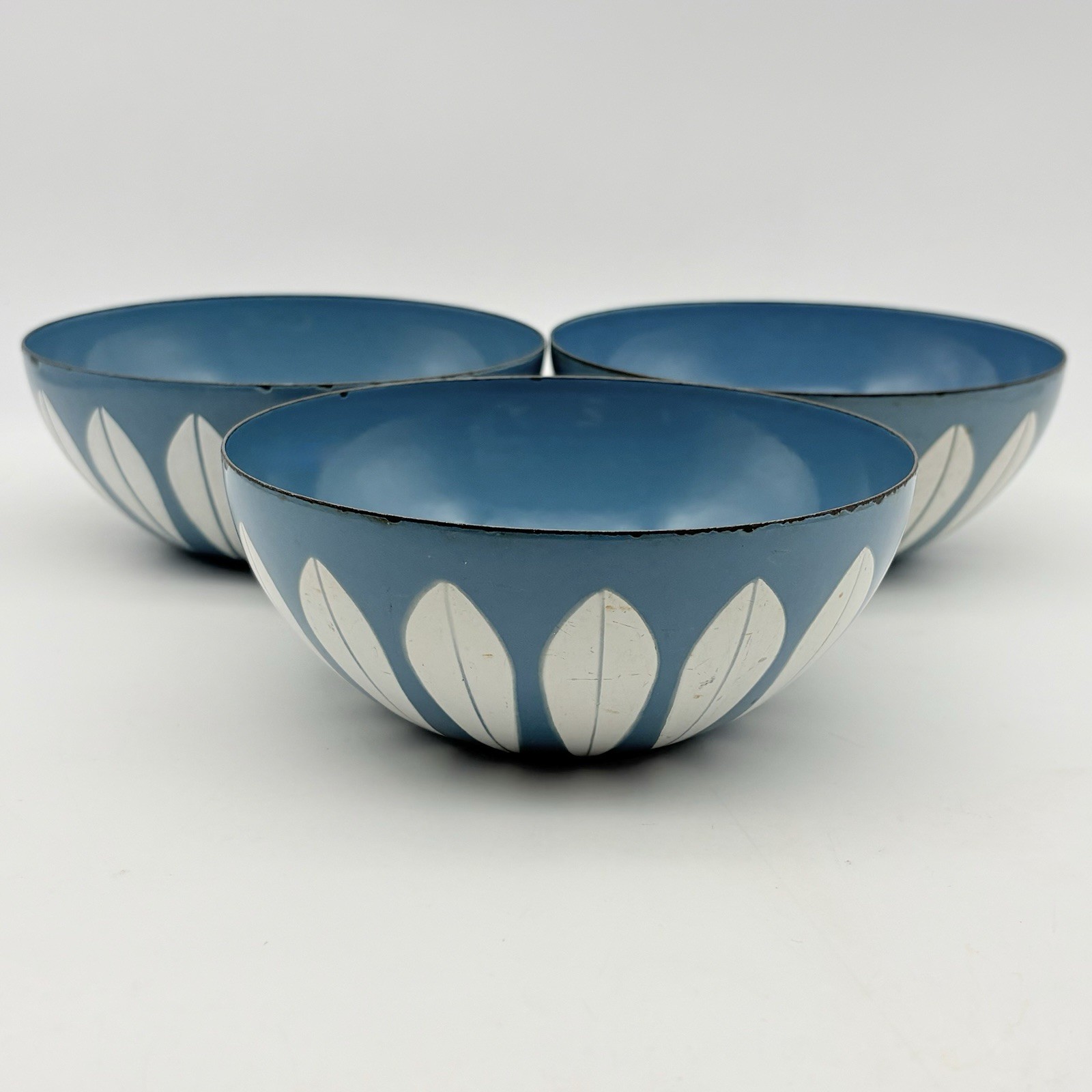 3 Vintage Cathrineholm Teal Blue Lotus Bowls From Norway 5.5 Inches Wide