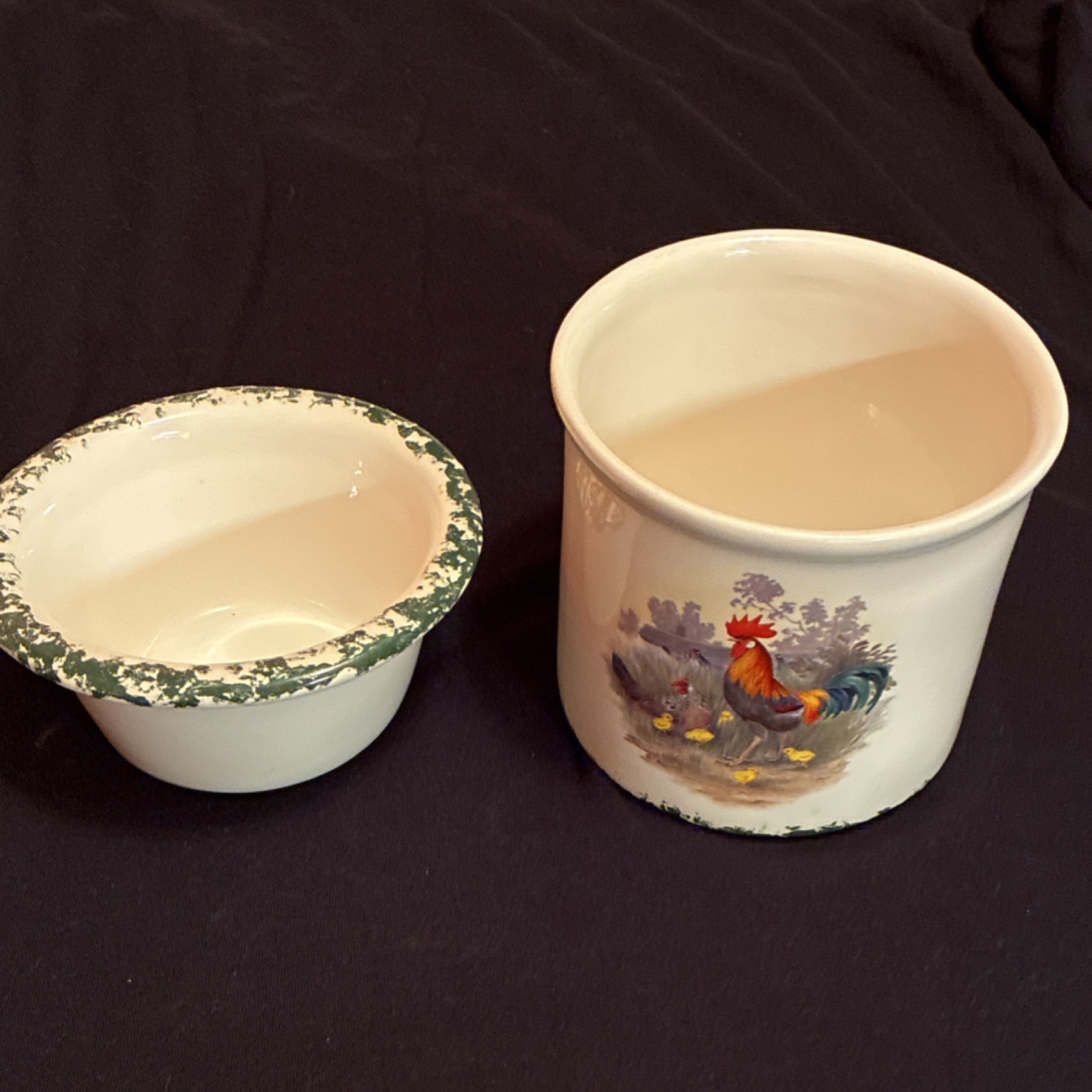 2-Piece Ceramic Round ice and Dip Bowl Set, White/Green Multicolor Rooster