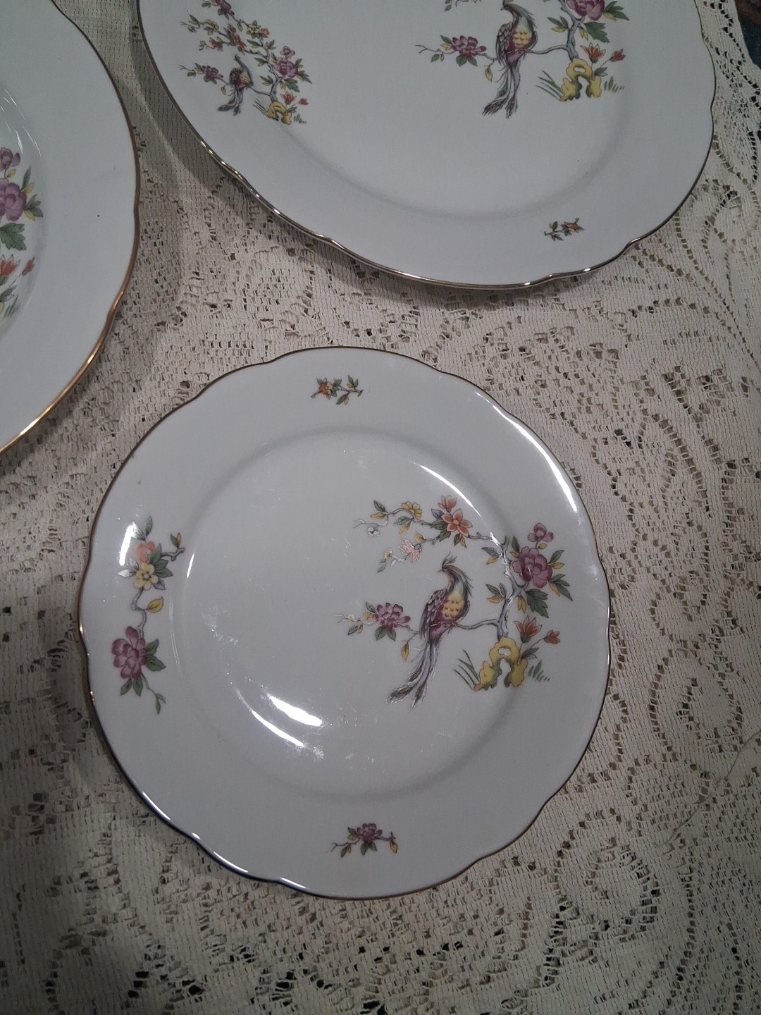 Vtg Mini Gallery Wall Plates Bowl Set (3) Peacock Bird Of Paradise Floral China