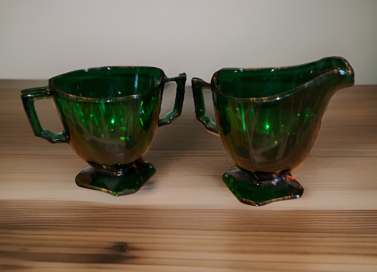 Fostoria Mayfair Dark Green Individual Creamer and Sugar Circa: 1930 – 1931