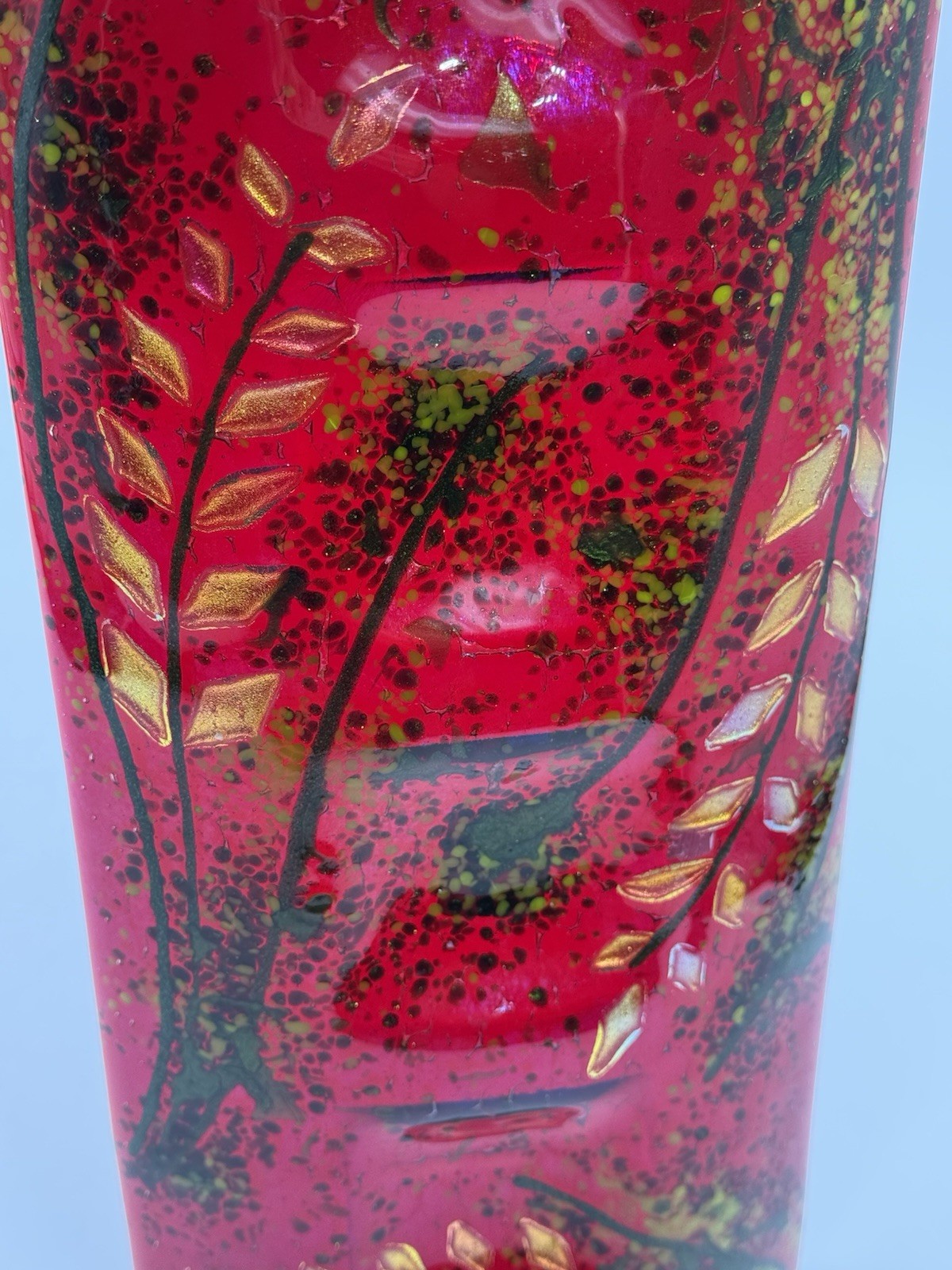 Fused Art Glass Red Green With Iridescent Leaves Rectangle Curved Decor Signed
