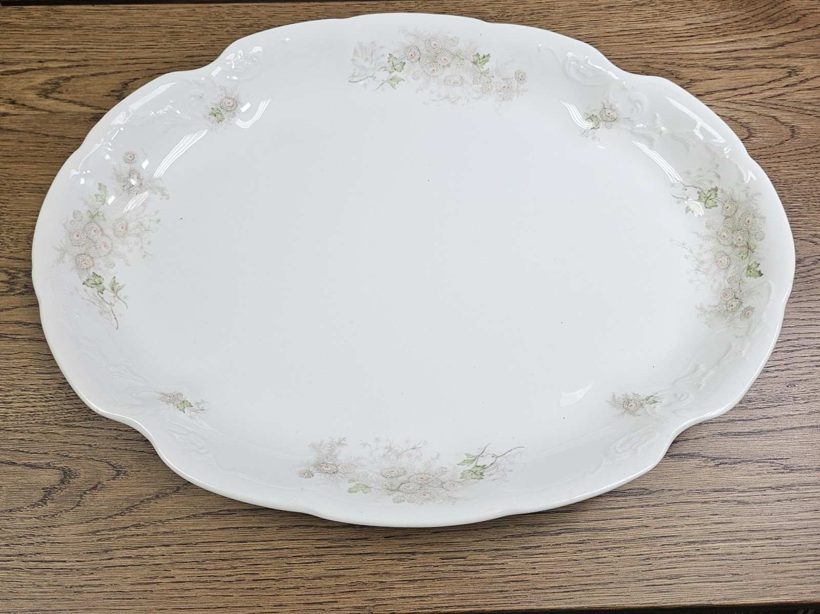 KT&K Semi-Vitreous Porcelain Glossy Floral Oval Platter White Pink Green 13″