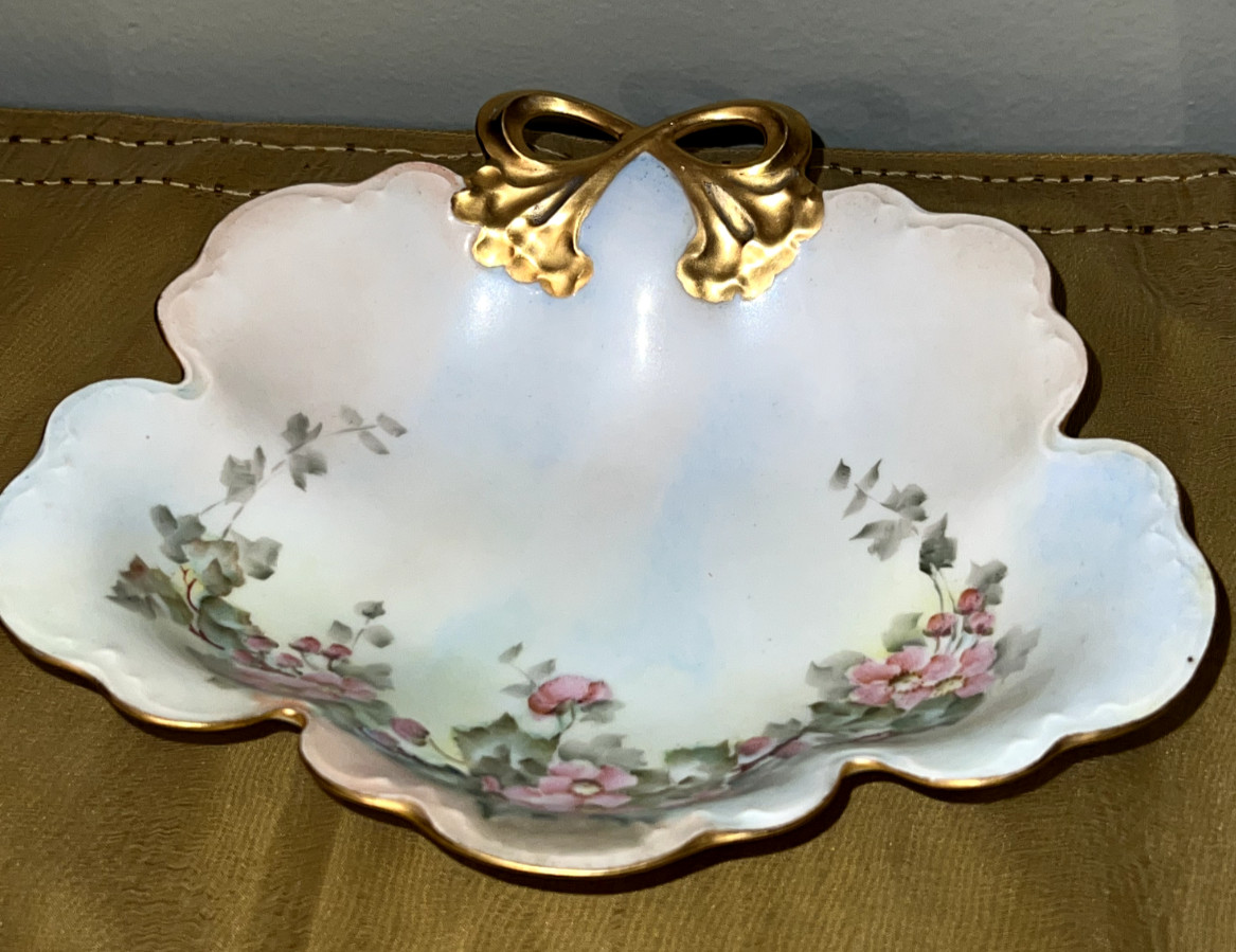 Antique JHR Alice Bavaria Gold Bow Handled Nut Dish Hand Painted Floral
