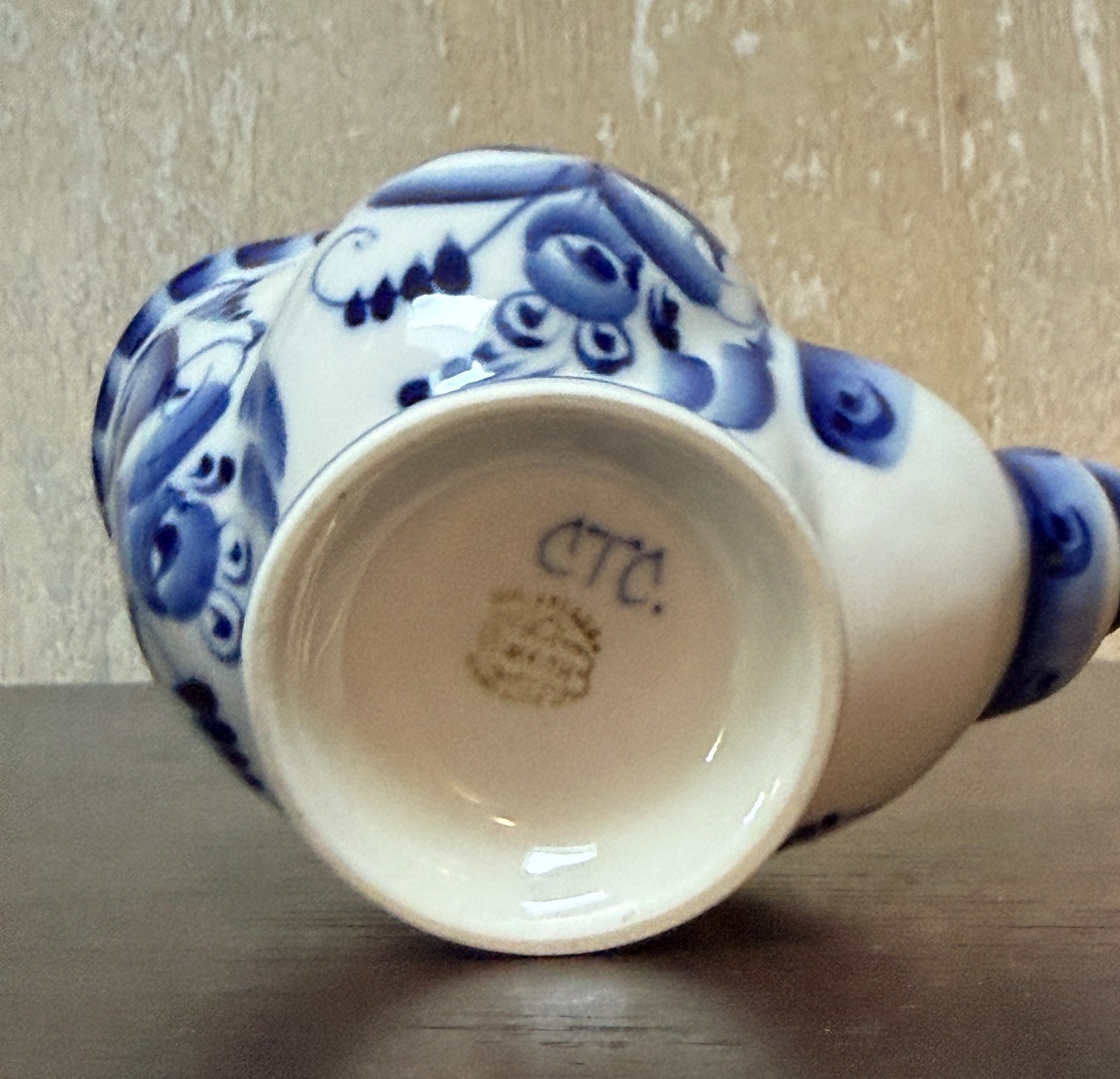 Vtg Gzhel Blue White Porcelain Cornucopia Creamer Pitcher Hand Painted Russia