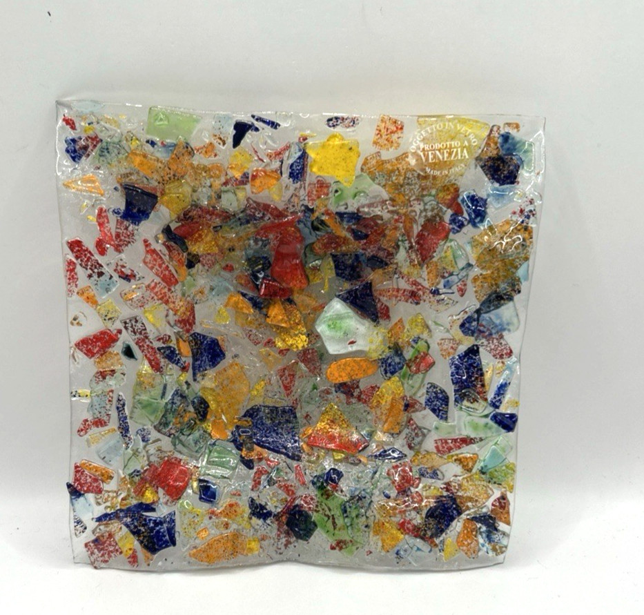 3D Trinket Dish Confetti Iridescent Fused Dichroic Glass MCM 6.5In Made in Italy