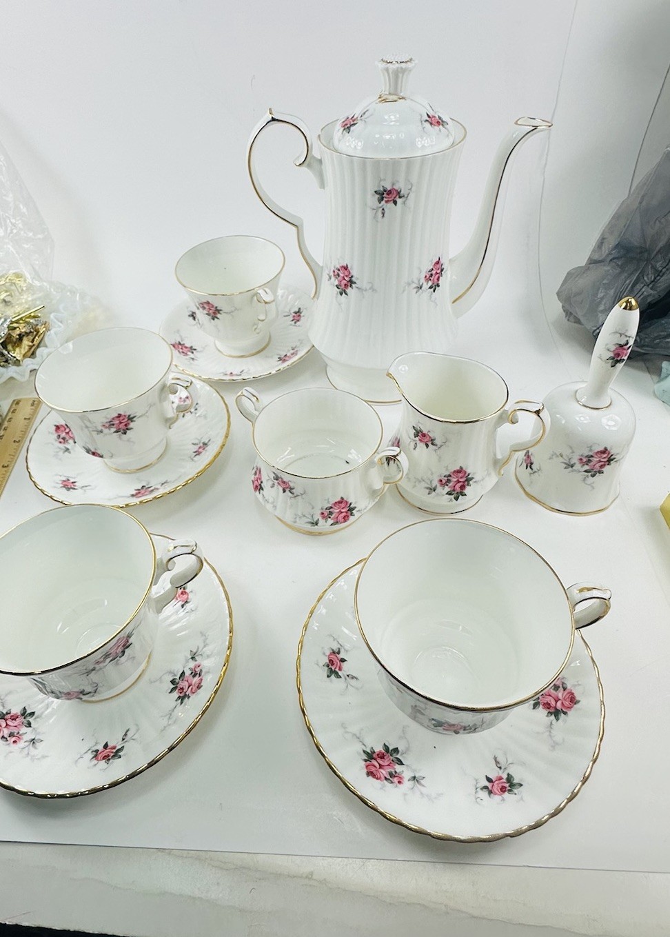 Princess Hammrsley Fine Bone China Tea Pot Creamer Sugar 4 Teacups Suacers Bell