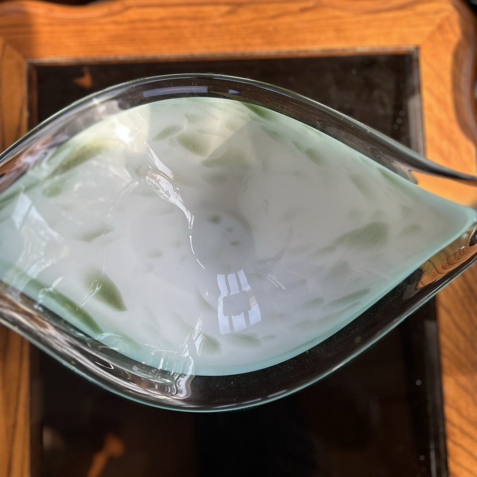 Murano Sommerso Art Glass Pedestal Bowl Blue White Green Swirl 10 in x 8 in