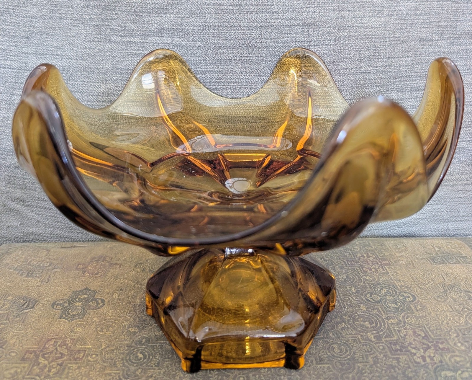 Vintage Amber Art Glass Pedestal Compote Bowl Ruffled Centerpiece Mid Century