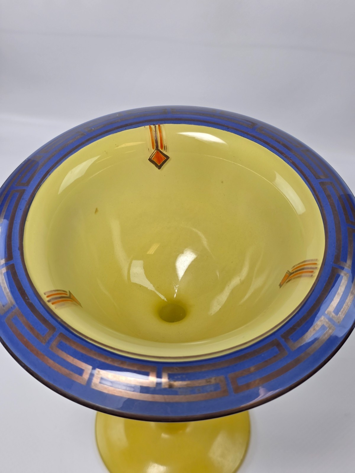 Antique Art Deco Glass Compote Bowl Yellow Cobalt Blue Greek Key Tazza Moser