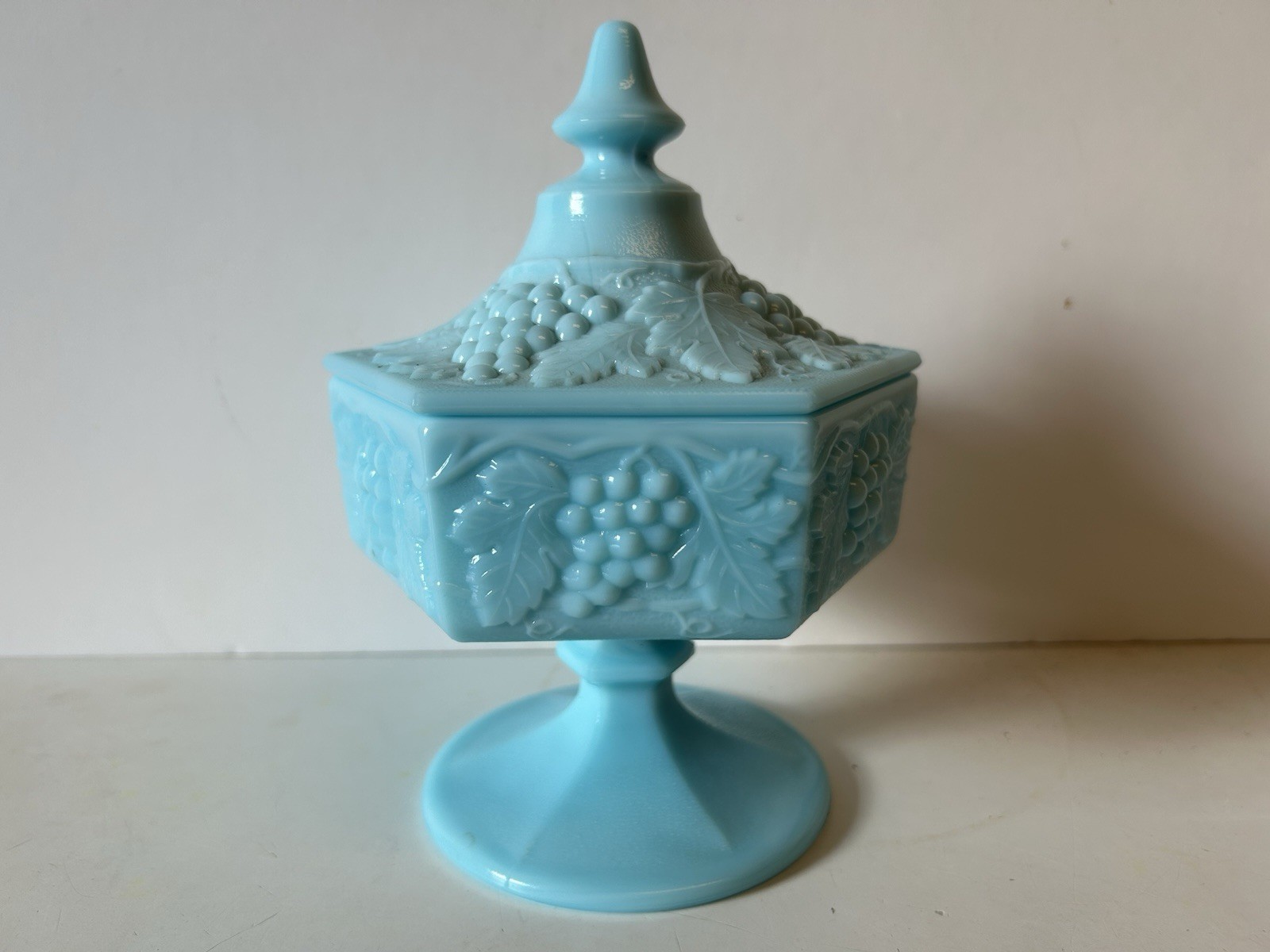 Imperial Blue Milk Glass Covered Compote Candy Dish Grape and Leaf Hexagon