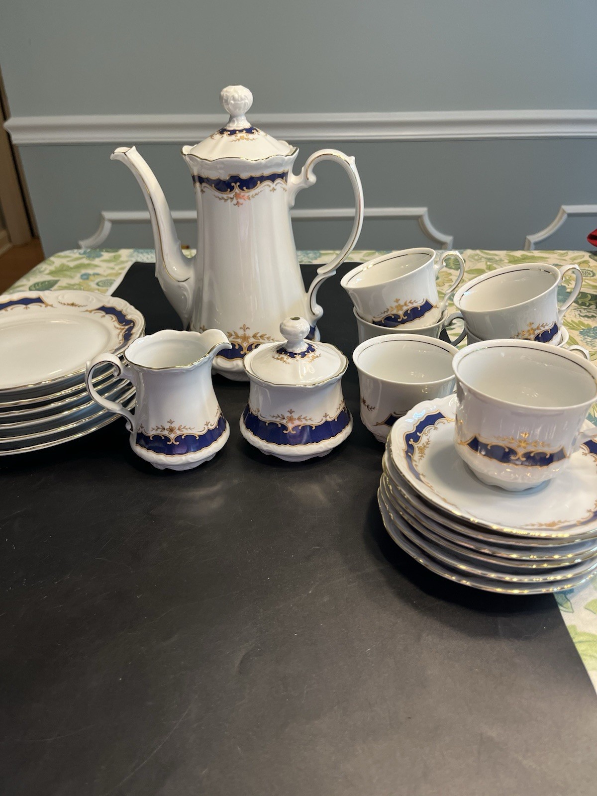 21pc Mitterteich Bavaria Cobalt Blue Gold Trim Coffee Tea Pot Desert Serving Set