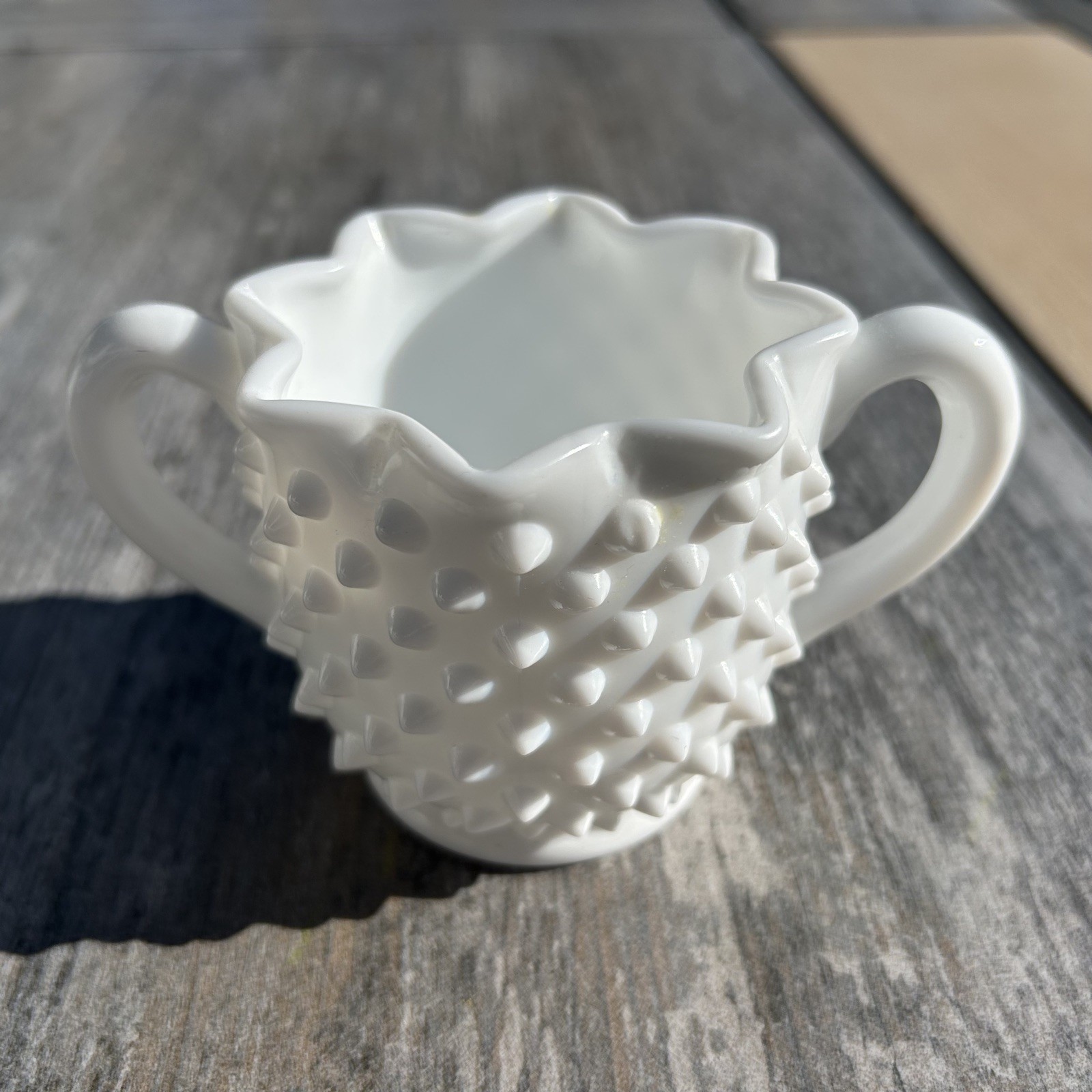 Vintage Fenton Hobnail Milk Glass Sugar Bowl Star Shape Open Double Handle 3906