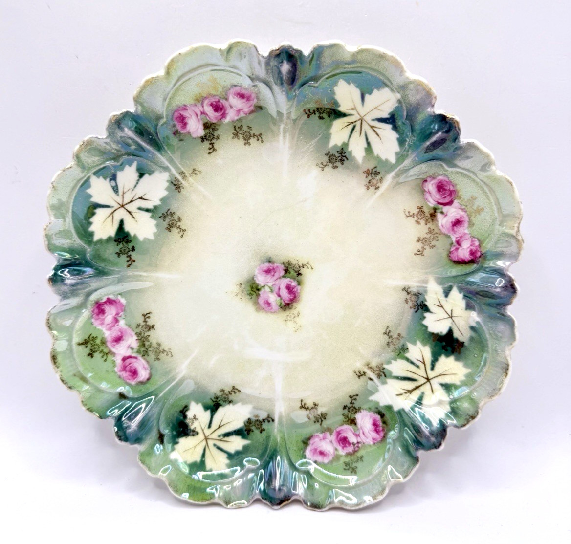 Antique RS Prussia Porcelain Plate Pink Roses Green Gold Molded Leaf 7.75″
