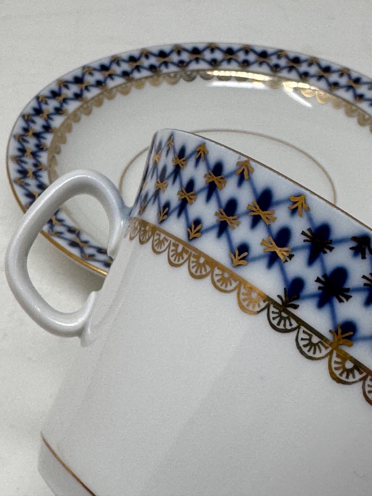 Lomonosov Imperial Porcelain Russian COBALT NET SOUP BOWL with SAUCER 4 NEW