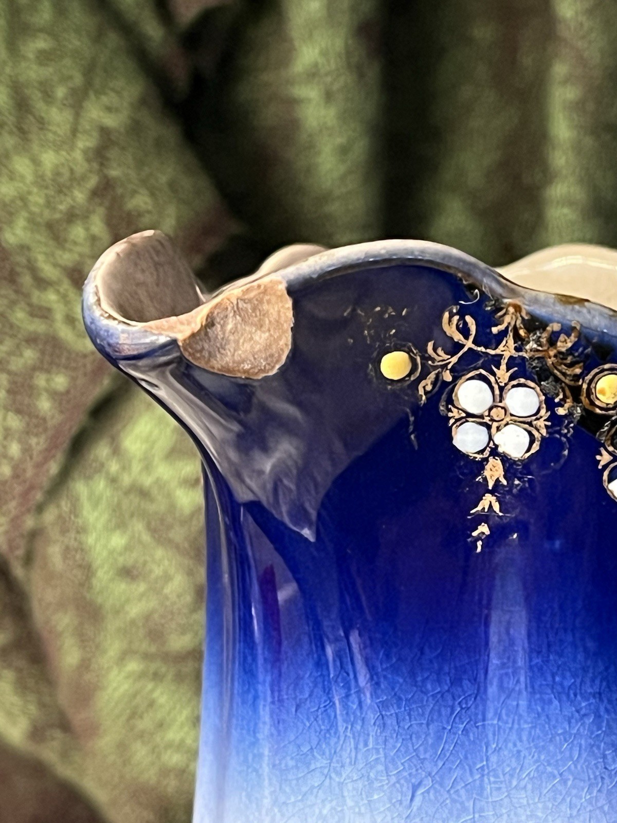 K et G Lunéville Blue White Gold Ceramic Floral Decorative Pitcher France