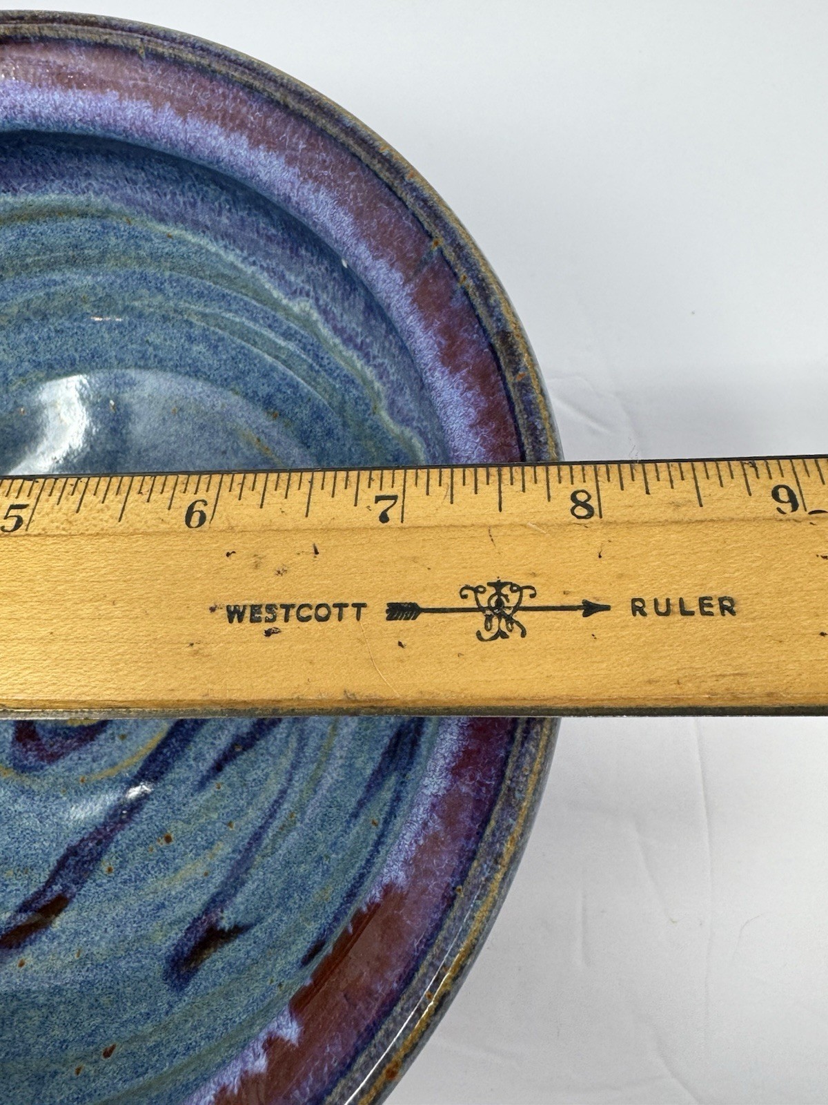 Vintage Studio Pottery Bowl Blue Purple Drip Glaze Handmade Ceramic Signed 7.75”