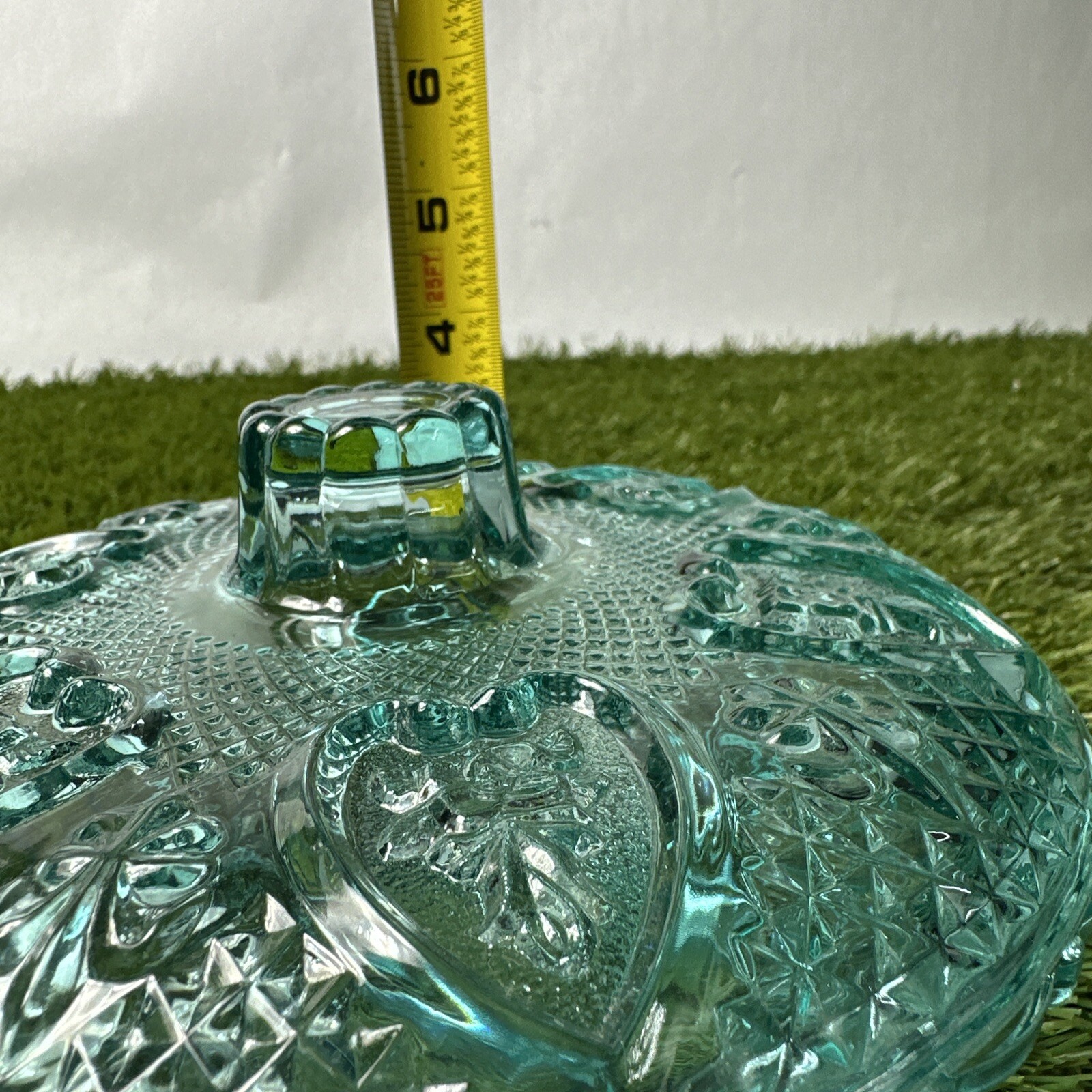 KIG Indonesia Turquoise Blue Candy Dish Pressed Beaded Glass Vintage MCM Roses