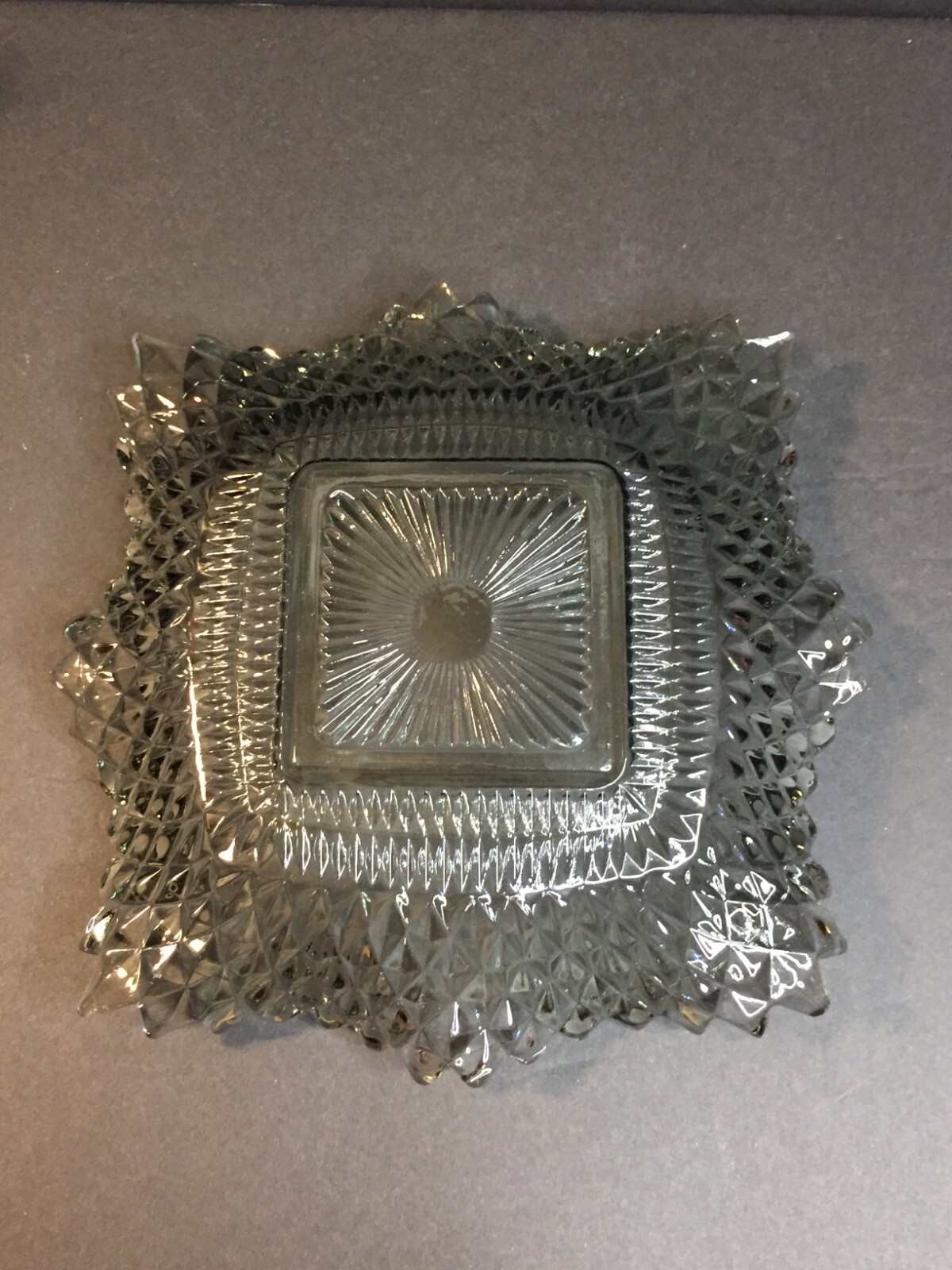 Light Gray Clear Glass Candy Bowl Square Serving Dish with Pointy Edges Vintage