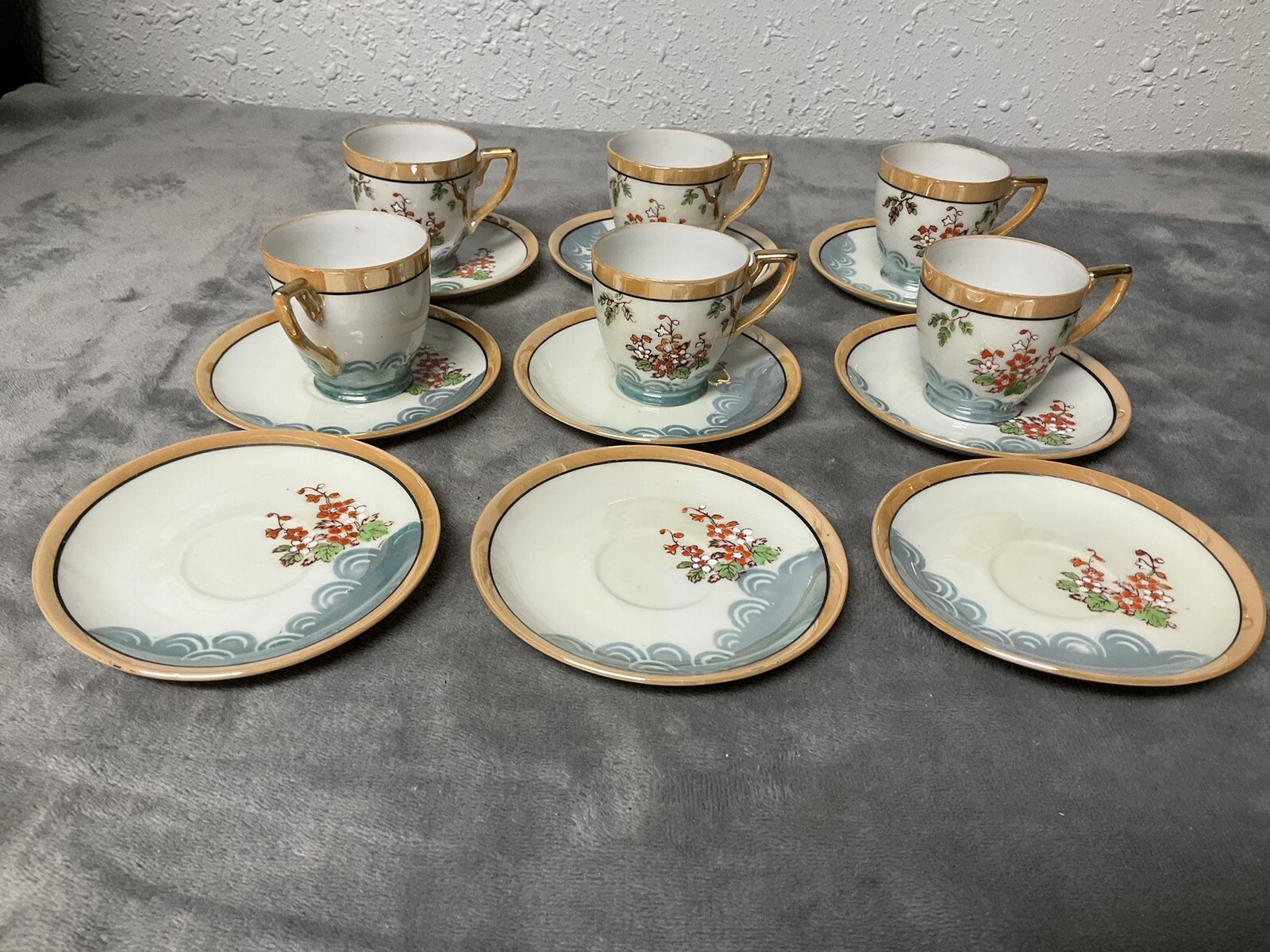 Vintage Demitasse Chikaramachi 6 Cups and 9 Saucers Hand Painted Japan