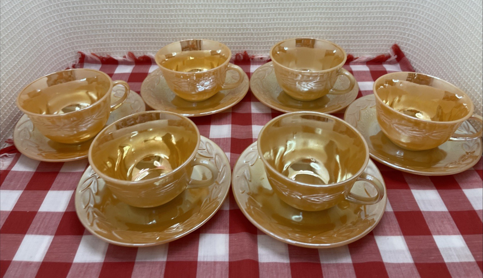 Vintage Set Of 6 Fire King Peach Luster Coffee Tea Cups And Saucers No Chips