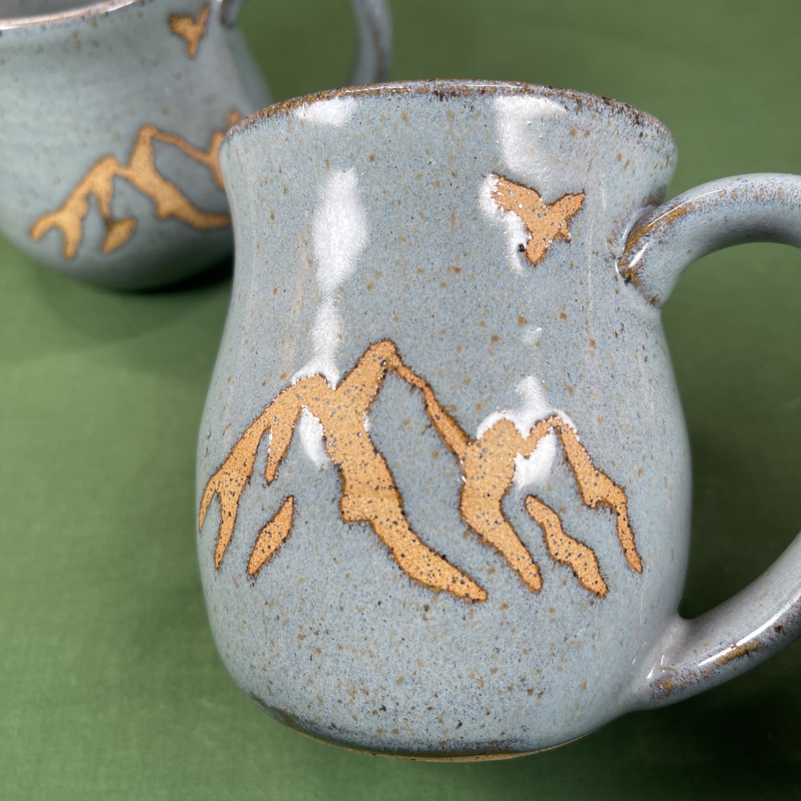 2 Studio Art Pottery Blue Grey & Tan Mugs Stoneware Mountains Eagle Design
